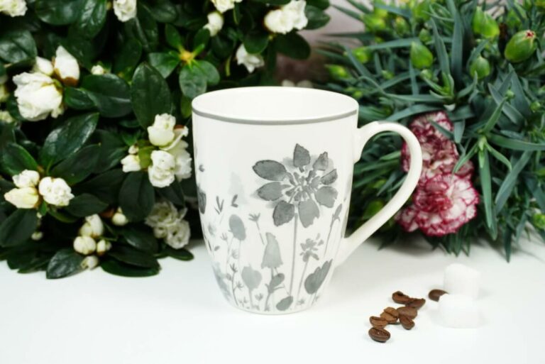 Henkelbecher Sprüche Kaffeetasse Wilde Blumen grau