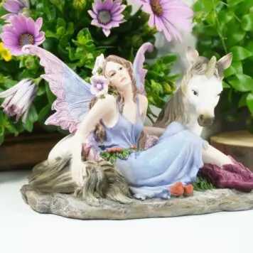 Dekofigur Waldgeist Fee Sapphir Blumenfee mit Einhorn