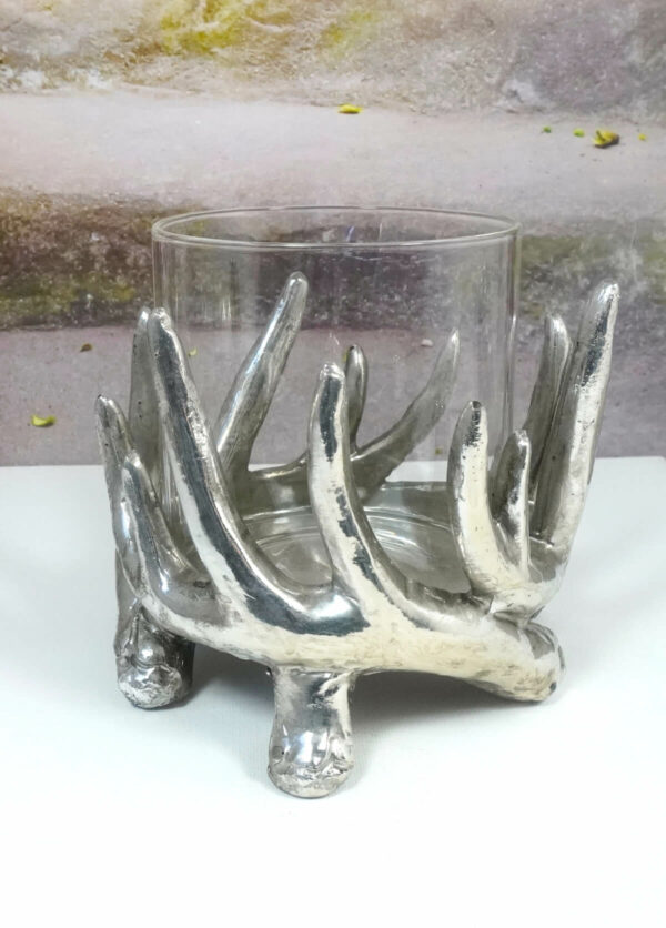 Deko Kerzenhalter Teelichthalter Windlicht Geweih mit Glas 11,5cm