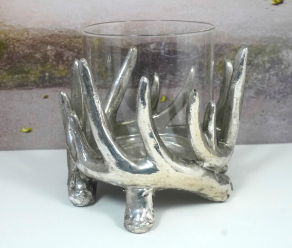 Deko Kerzenhalter Teelichthalter Windlicht Geweih mit Glas 11,5cm