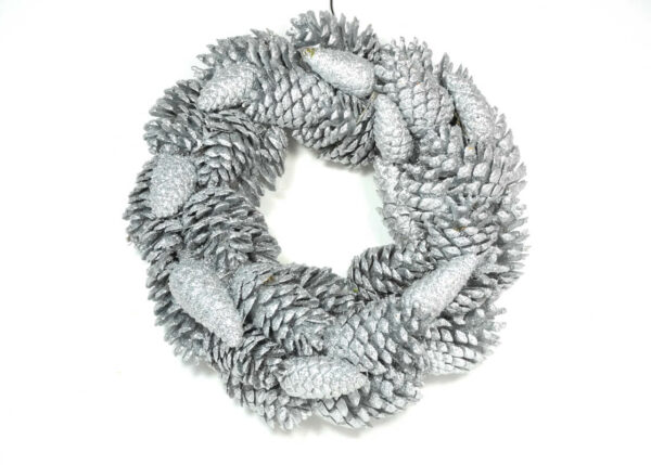 Deko Kranz Winterkranz Naturkranz Tischkranz Herbstkranz Zapfen Silber Platinum 25 cm ∅