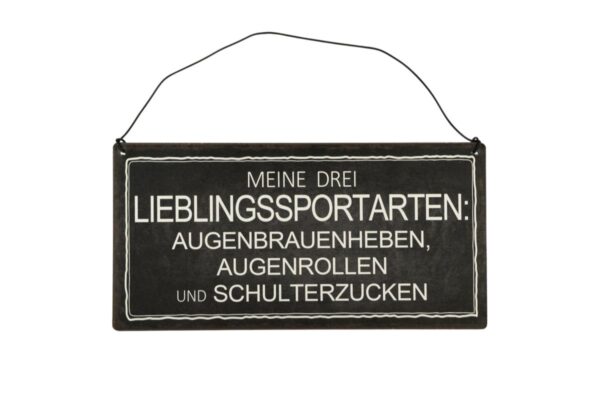 Deko Blechschild Aufhänger Meine drei Lieblingssportarten Augenbrauenheben, Augenrollen und Schulterzucken