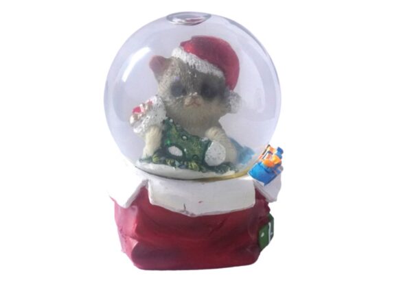 Deko Schneekugel Glimmerkugel Glitzerkugel Katze mit Weihnachtsmütze Beige