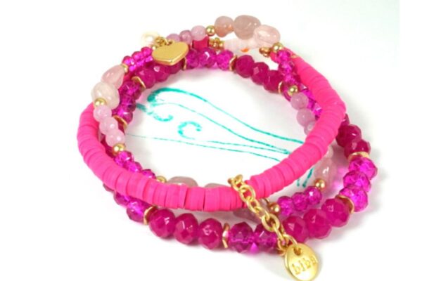 Biba Armband Trio Perlen Mix Damen Armband Pink Gold Anhänger