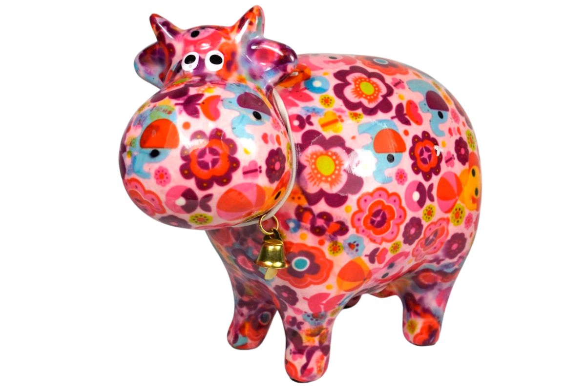 Tirelire Vache Bella Orange - Céramique, Motifs Fleurs, Dimensions 19x10x16.5 Cm - 6