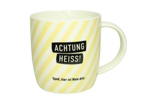 Grafik Werkstatt Henkelbecher Kaffeebecher Sprüchetasse Achtung Heiss! Spaß, hier ist Wein drin