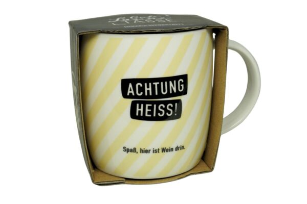 Grafik Werkstatt Henkelbecher Kaffeebecher Sprüchetasse Achtung Heiss! Spaß, hier ist Wein drin