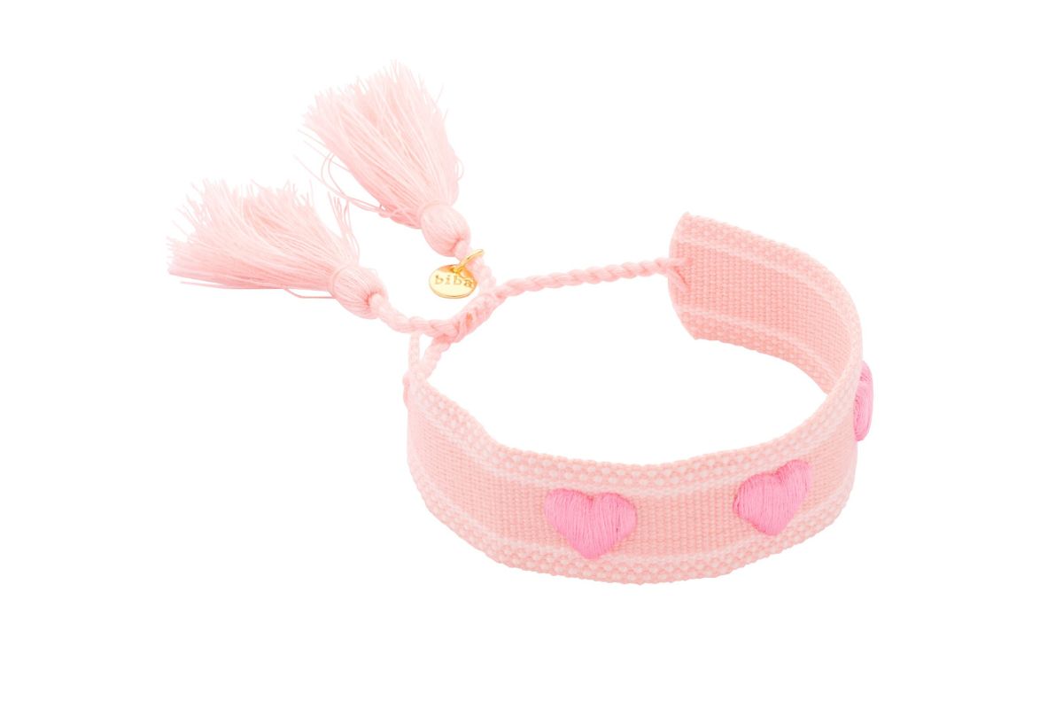 Biba Armband Textil Armband Rosa Herzchen Biba Anhänger Gold Sommer Schmuck