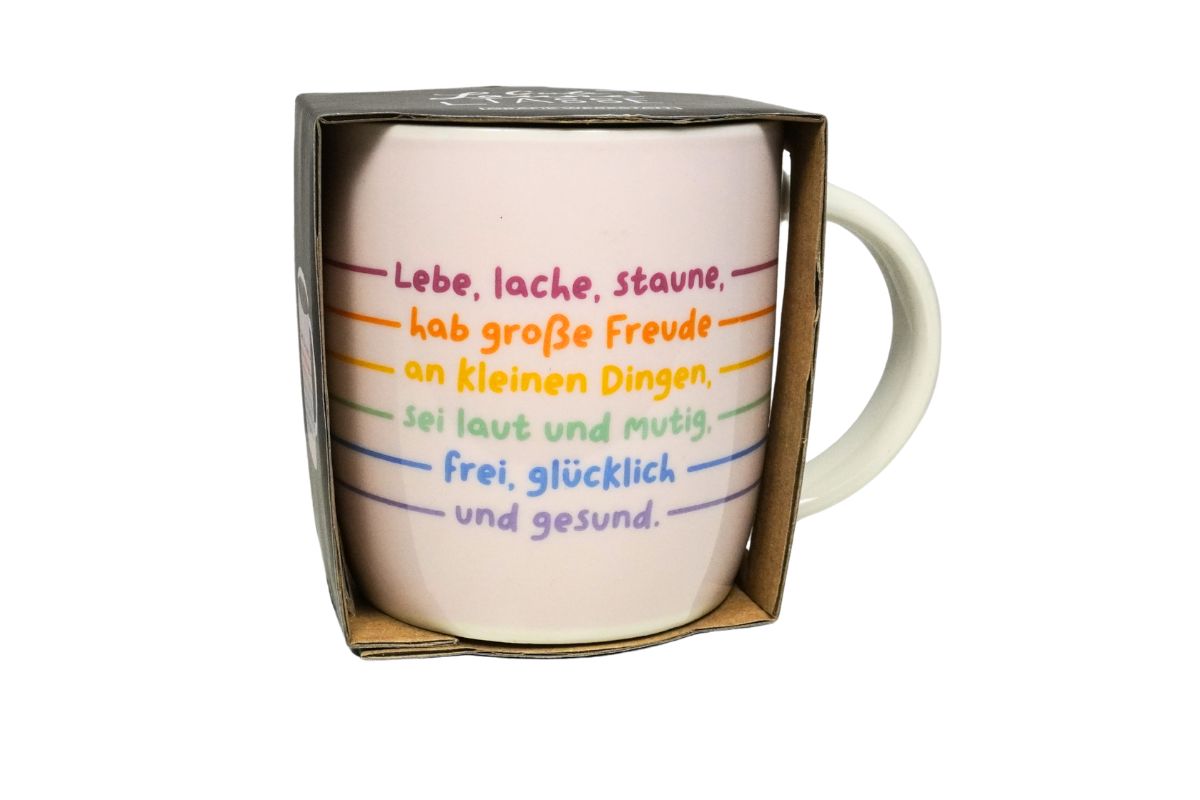 Grafik Werkstatt Henkelbecher „Lebe, lache, staune,"– Inspirierender Kaffeebecher aus Porzellan