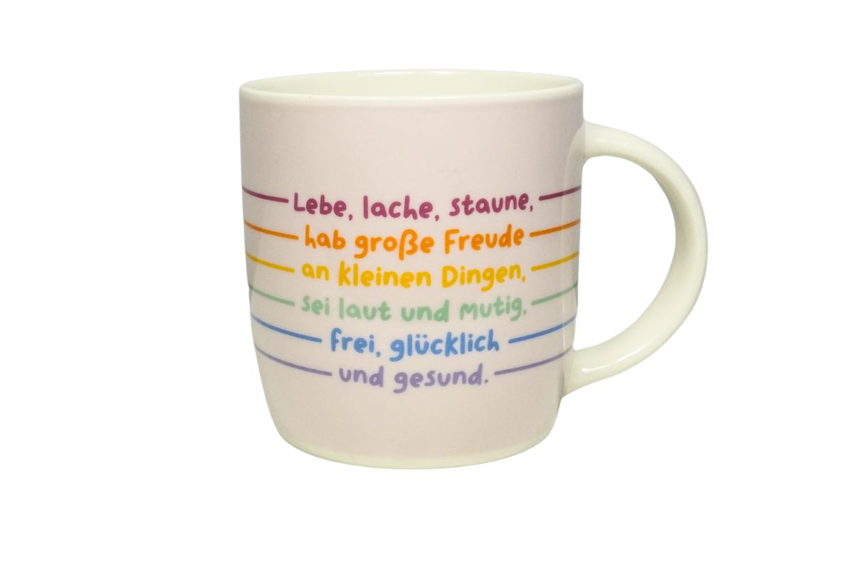 Grafik Werkstatt Henkelbecher „Lebe, lache, staune,"– Inspirierender Kaffeebecher aus Porzellan