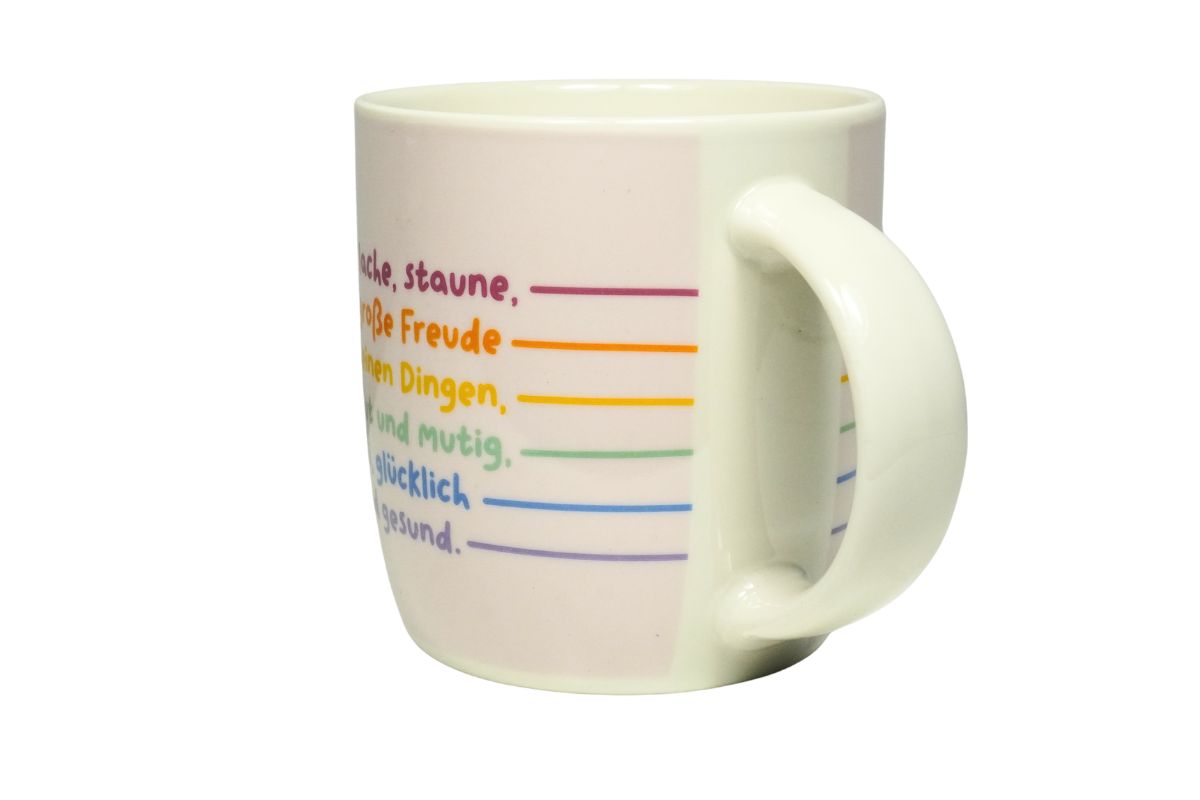Grafik Werkstatt Henkelbecher „Lebe, lache, staune,"– Inspirierender Kaffeebecher aus Porzellan