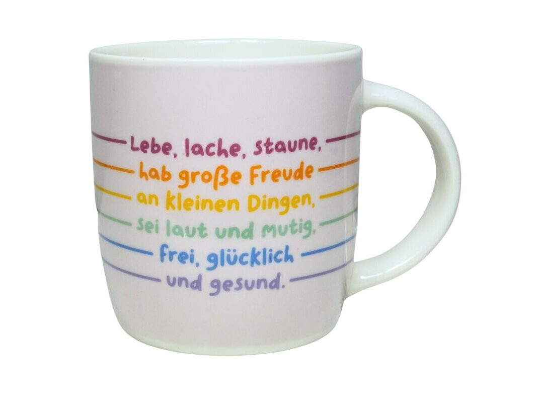 Grafik Werkstatt Henkelbecher „Lebe, lache, staune,"– Inspirierender Kaffeebecher aus Porzellan